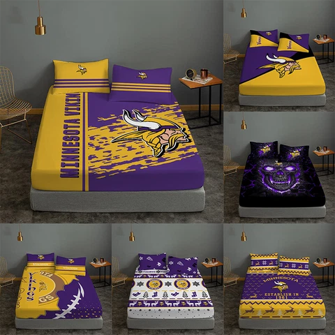 Minnesota Vikings 3Pcs Fitted Sheet Bedding Deep Pocket Mattress Pillowcase Gift Cover