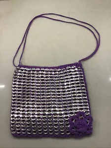 Upcycled Soda Can Pop Top Tab Crotched Shoulder Purse Purple Flower Lined - Picture 1 of 8
