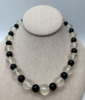 Vintage Opera Genuine Quartz Black Onyx Necklace With Sterling Silver Clasps 16”