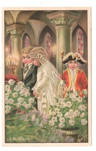 ARTIST SIGNED BERTIGLIA ROSY CHEEKED COUPLE BEING MARRIED USED 1932 - Picture 1 of 2