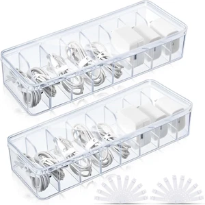 2 Pcs Cable Organizer with 20 Wire Ties, Clear Plastic Cord Storage Box with Lid - Picture 1 of 12
