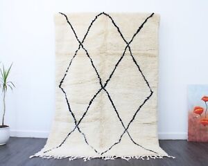 4x7 White and Black Moroccan Rug, Handmade Beni Ourain Rug, Wool Berber Rug