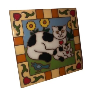 Italien handbemalte Fliese schwarz & weiß Katze & Kätzchen Terrakotta 8 Zoll Vintage - Bild 1 von 9