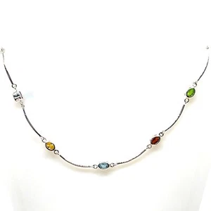 Vintage Sterling Silver Station Multi Stone Petite Collar Link Necklace size 16 - Picture 1 of 6