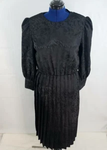 Vtg Sweet Miranda Womens Sheath Dress Black Floral Bishop sleeves Pleated 16 U22 - Picture 1 of 10