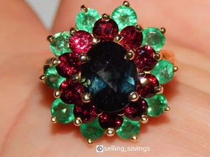 14K YELLOW GOLD 4.50 TCW LOLITE EMERALD & GARNET WIDE FACE HALO RING 8.6 GRAMS - Picture 1 of 19
