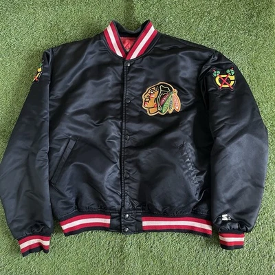 Vintage Starter Chicago Blackhawks Bomber Jacket Satin Black Mens XL NHL Hockey - Image 1 of 4