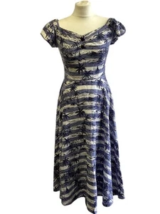 Vintage Collectif Dolores Linen Blend Sundress XS Blue White Print - Picture 1 of 15