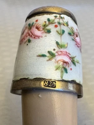 Antiguo Vintage 830 Continental Plata Esmalte Guilloche Dedal Rosa Rosas Foto 1 de 4
