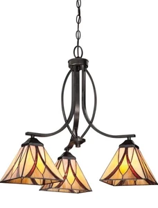 Quoizel Tiffany Style 3-Light Chandelier Stained Glass Fixture With 3 Pendants - Picture 1 of 5