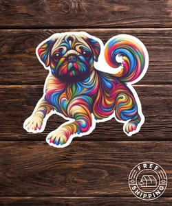 Calcomanía adhesiva troquelada Pug Dog psicodélica para computadora portátil, vaso y más - Imagen 1 de 4