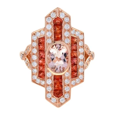 Anillo de cena estilo Art Deco con diamantes y zafiro naranja morganita natural de oro de 14K Foto 1 de 4