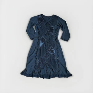VTG Blue Boho Embroidered Hippie Beaded Dress Tie Back Free Size/Large India - Picture 1 of 19