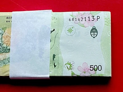 Argentina 500 Pesos, 2016 ND, P-365 UNC X 100 PIEZAS Paquete Foto 1 de 4