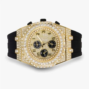 Gold Bust Down Iced Out Hip Hop Uhr Schwarz Silikon Armband VVS Diamant Bling - Bild 1 von 6