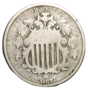 1867 US Shield Nickel 5c 5 Cents No Rays Historical Old Post Civil War Coin - Picture 1 of 2