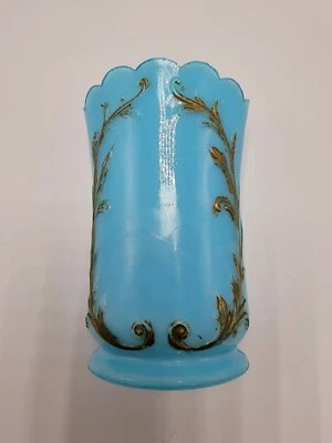 Antique Blue Opaline Vanity Jar Hand Painted Gold Embossed Scroll No Lid - Image 1 of 4