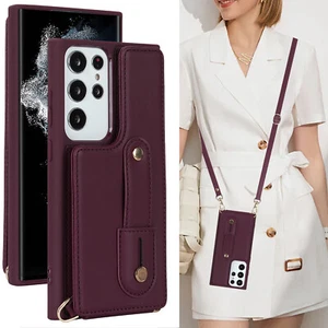 For Samsung Galaxy S25 Ultra S24 S23 Crossbody Wallet Case Leather Strap Stand - Picture 1 of 14