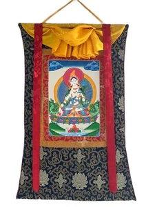 WHITE TARA MOTHER GODDESS ORIGINAL TIBETAN THANGKA PAINTING WITH SILK BROCADE - Picture 1 of 9