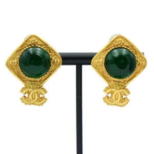 CHANEL Gold-tone Coco Mark Colored Stones Clip-on Earrings Vintage Women T1056