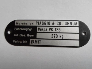 Piaggio Vespa Pk 125 VAM1T Genoa Genoa Genoa Wine Data Plate Type Id-Plate - Picture 1 of 1