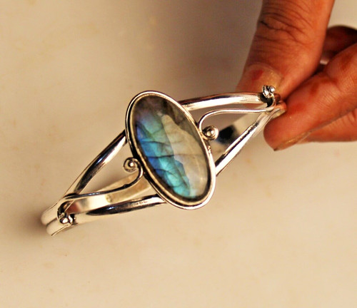 VALENTINO Bracciale Regolabile Pietra Preziosa Labradorite Naturale Fatto a Mano Argento Sterling 925