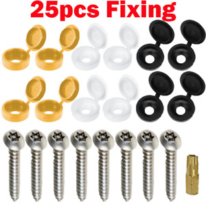 25 x NUMBER PLATE FIXINGS SECURITY SCREWS STAINLESS STEEL COVER PLASTIC CAPS KIT