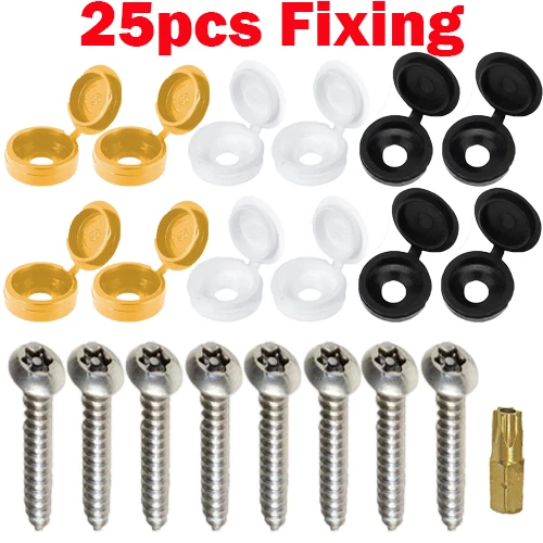25 x NUMBER PLATE FIXINGS SECURITY SCREWS STAINLESS STEEL COVER PLASTIC CAPS KIT - Image 1 of 1