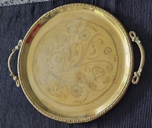 Vintage Turkish Solid Brass Coffee/Tea Serving Tray w/ Handles Etched Unpolished