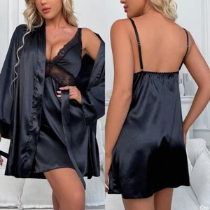 Womens Sexy Lingerie Nightgown Satin Robe Dress Set Babydoll Bathrobes Sleepwear - Picture 1 of 15
