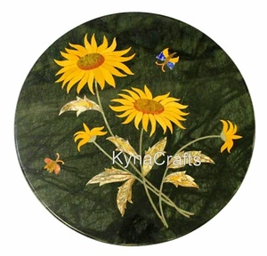 Round Green Marble Coffee Table Top Sun Flower Design Inlay Work Corner Table - Picture 1 of 4