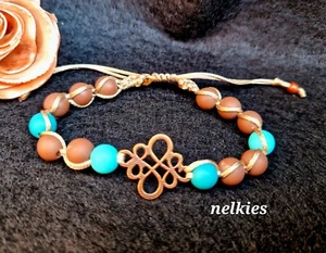 Makramee Armband Creme Kupfer Türkis Braun Perlen Wachsband Freundschaftsband  - Bild 1 von 3