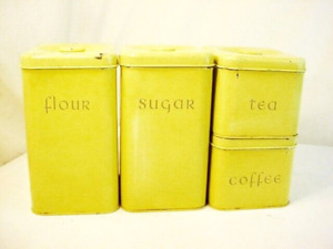 4 Yellow Harvell Canister Set Flour Sugar Coffee Tea Vtg MCM Stackable SpaceSave