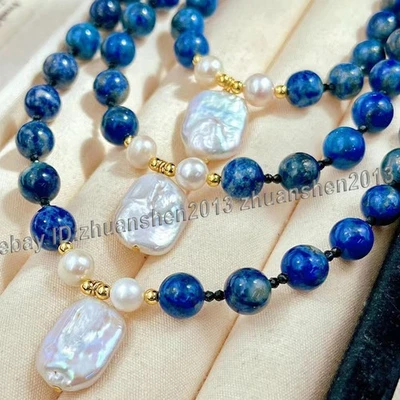 10mm Blue Lapis Lazuli Spinel Gems White Baroque Pearl Pendant Necklace 18"-24" - Imagem 1 de 3