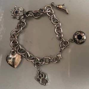 Charm Bracelet W/ 5 Silver Tone Charms Women's Snowflake Soccer Shoe Paw Heart - Picture 1 of 5