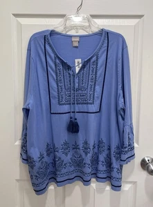 CHICOS Embroidered Tassel Knit Top Hydrangea Blue Beaded Size 4 Boho NWT - Picture 1 of 8