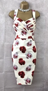 HOBBS Cream Red Floral Bodycon Pencil Dress Sz 14 Wedding Guest Cocktail Party - Picture 1 of 14