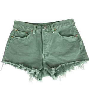 Levi's 501 Original Denim Button-Fly Jean Shorts Size 32 Green Raw Hem Cut-Off - Foto 1 di 13