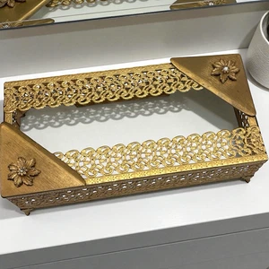 Gold Tone Filigree Tissue Box Holder Flower Accents Rectangle Hollywood Regency - Picture 1 of 13