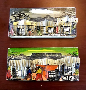 2 mini pinturas sudafricanas madera 3D latas recicladas medios mixtos Ciudad del Cabo firmados - Imagen 1 de 13