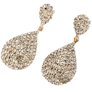 Teardrop Clustered Clear Crystal Rhinestone Gold Tone Sparkly Diamante Earrings - Picture 1 of 5