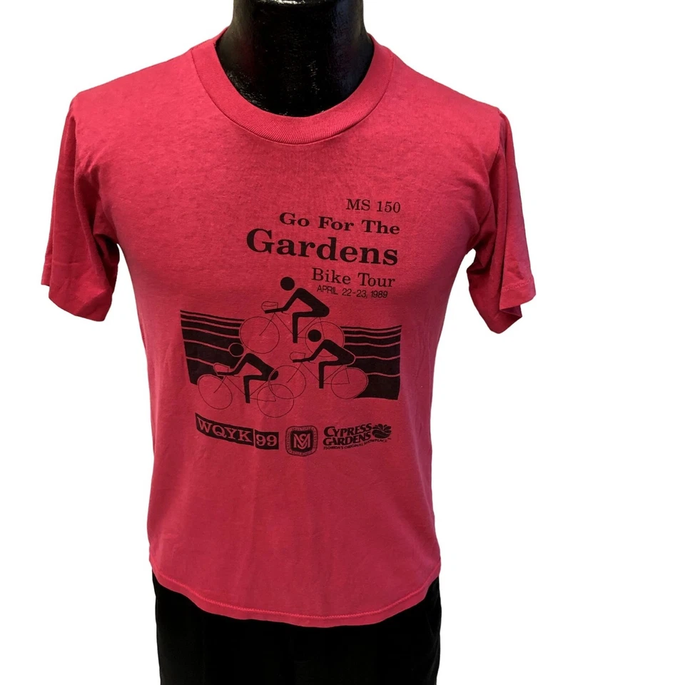 Vtg 80's Russell 1989 MS 150 BIKE Tour Cycling RIDIER Hot PINK 50/50 T Shirt USA - Image 1 of 4