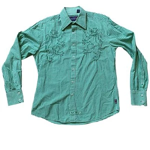 English Laundry Green Check Shirt w. Embroidered Lions Medium - Picture 1 of 11