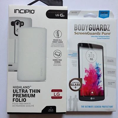LG G3 Incipio White Highland Folio w'Card Slot + Bodyguardz Screen Brand New OEM - Image 1 of 4
