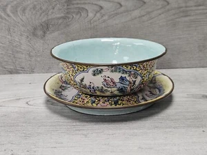 Antique Chinese Enamel Hand Painted Plate Bowl Floral Figural Design 19 Century - Picture 1 of 10