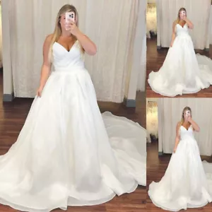 Organza Strapless Wedding Dress Sweep Train V Neck Plus Size A Line Bridal Gowns - Picture 1 of 9