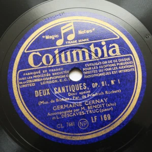 LUCETTE DESCAVES piano GERMAINE CERNAY Brahms french 1942 columbia LF 169 78 rpm - Imagen 1 de 2
