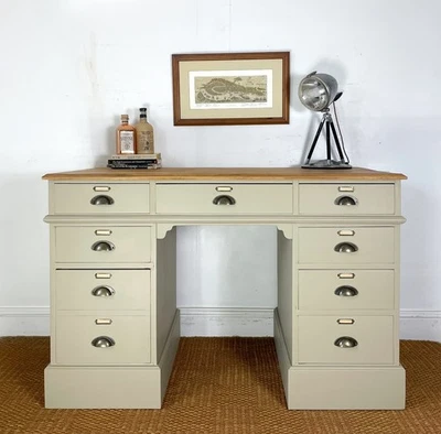 4ft Double twin pedestal solid pine wood desk panelled dressing table painted - Image 1 of 4