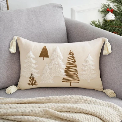 Christmas Pillow Cover 12X20 Inch Soft Cute Pellet Embroidery Trees Decorative - Image 1 of 4