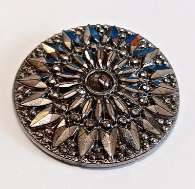 Vintage  Black Glass Button, Silver Luster, Floral Design, 1 - 5/8" - Image 1 of 4